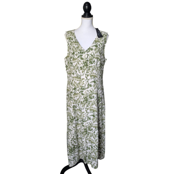 Tahari Green Vine Leaf Print Linen Blend Button Front Midi Dress New Size Large - Picture 1 of 8